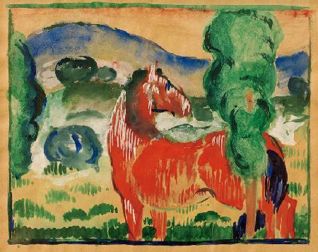 Rotes Pferd in farbiger Landschaft 1910