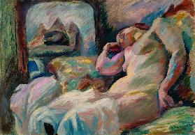 Schlafender weiblicher Akt vor einem Spiegel 1915