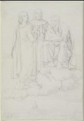 Raffael, Fra Angelico und Michelangelo auf einer Wolke über Rom