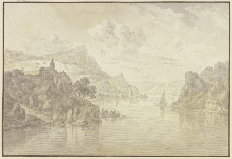 Blick in ein Flusstal mit felsigen Ufern, links auf einem Felsen eine Kirche von Franz Schütz
