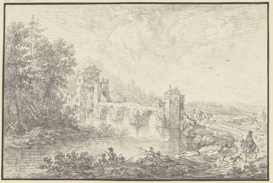 Von Türmen flankierte Brücke, im Vordergrund am Fluß ein Angler und ein Reiter von Franz Schütz