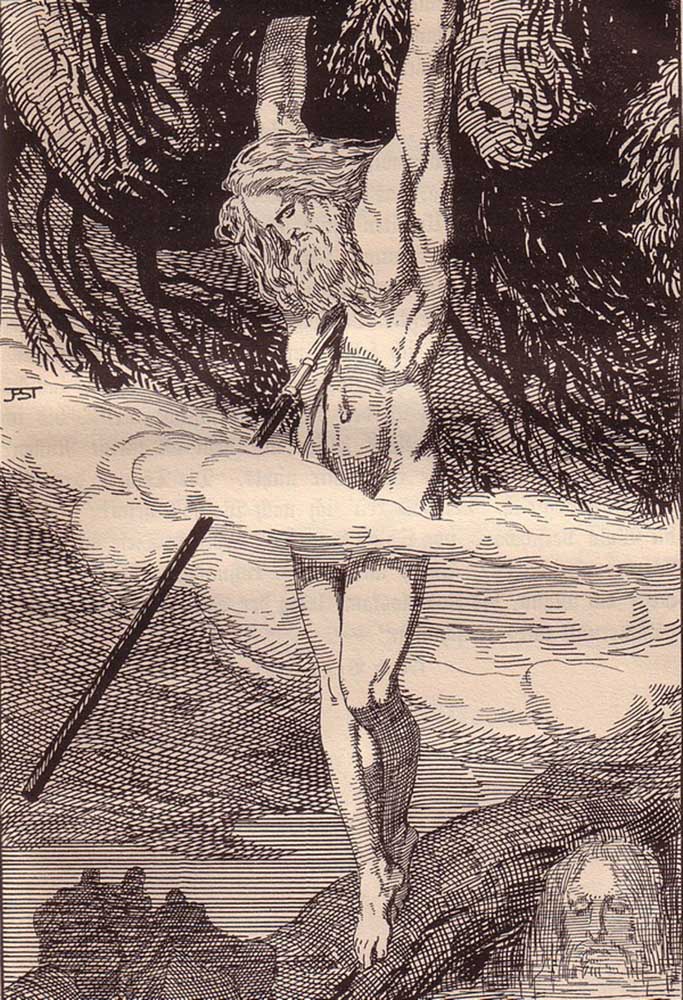 Odin hängt im Weltenbaum Yggdrasil. Illustration für "Die Edda. Germanische Götter- und Heldensagen" von Franz Stassen