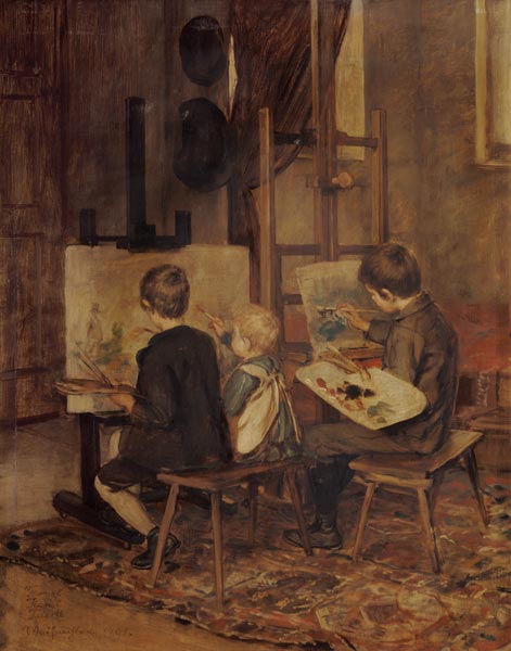 Franzl, Hansl und Friedl beim Malen an der Staffelei. von Franz von Defregger