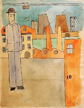 Mann mit Hut neben Fabriken 1921