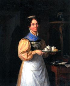 Junge Münchner Kellnerin in Tracht und Riegelhaube serviert das Frühstück von Franz Xaver Nachtmann (Umkreis)