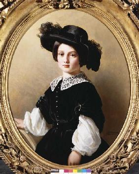 Portrait eines Mädchens im Samtkleid und Hut 1850