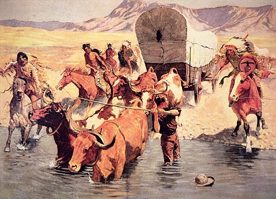 Indians attacking a pioneer wagon train von Frederic Remington