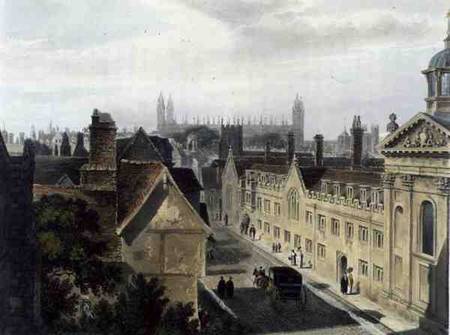 Exterior of Pembroke College, from a window of Peterhouse, Cambridge, from 'The History of Cambridge von Frederick Mackenzie