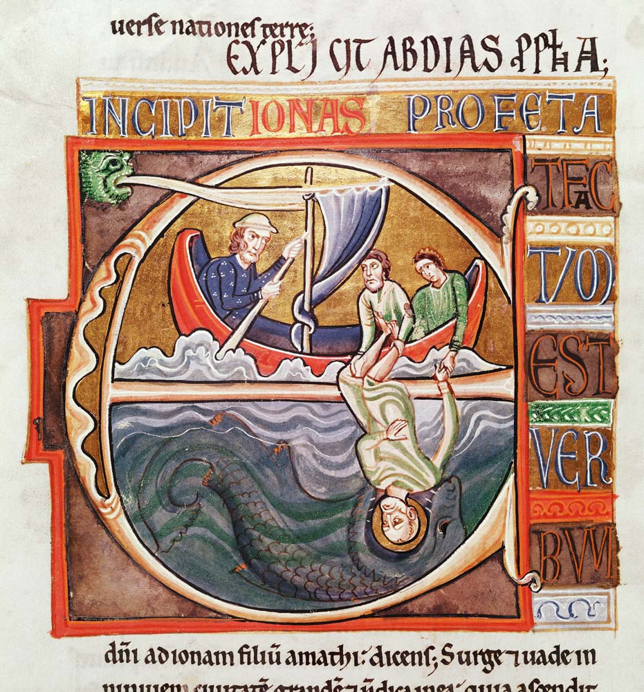 Ms 1 Fol.196v Historiated initial ''E'' depicting Jonah Thrown into the Sea, from the Souvigny Bible von French School