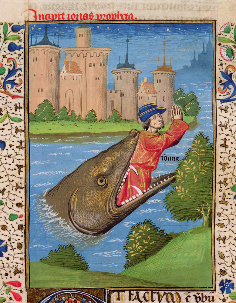 Ms H 7 f.111r Jonah and the Whale, from the Bible of Jean XXII von French School