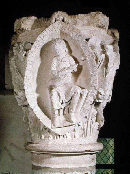 Capital depicting the First Key of Plainsong with a dulcimer player von French School