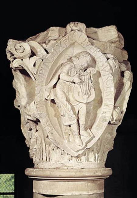 Capital depicting the Third Key of Plainsong with a lute player von French School