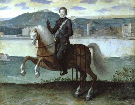 Equestrian Portrait of Henri IV (1553-1610) King of France, before the walls of Paris von French School