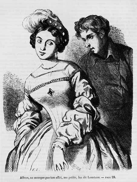 Etienne Lousteau speaking to an actress, illustration from ''Les Illusions perdues'' Honore de Balza von French School
