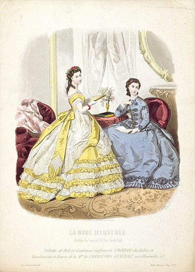 Fashion plate showing ballgowns, illustration from ''La Mode Illustree'' von French School