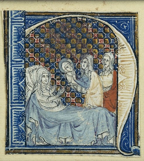 Historiated initial ''H'' depicting the Birth of the Virgin, c.1320-30 von French School
