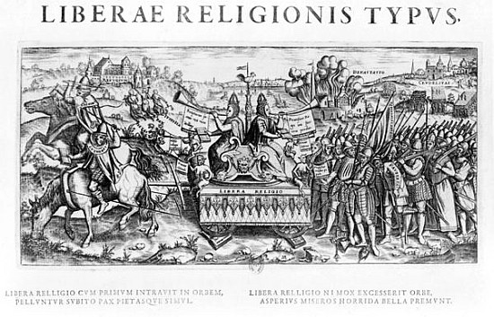 Librae Religionis Typus'', allegory on the reformation depicting John Calvin (1509-64) and Martin Lu von French School