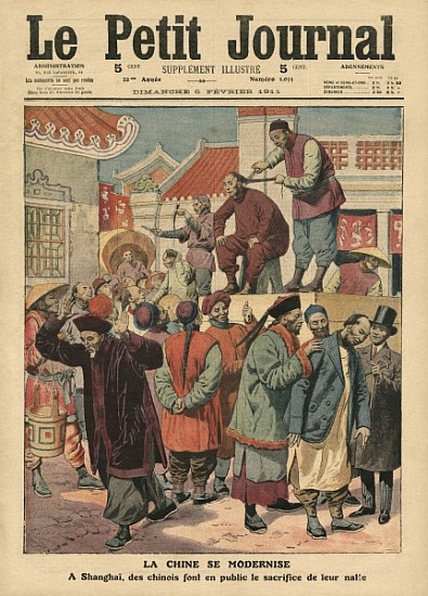 Modernisation of China, Chinese having their pigtail cut off in Shanghai, illustration from ''Le Pet von French School