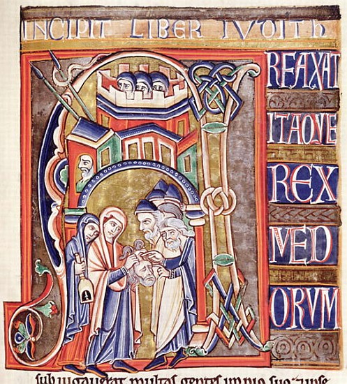 Ms 1 fol.292 Historiated initial depicting Judith with the head of Holofernes, from the Souvigny Bib von French School