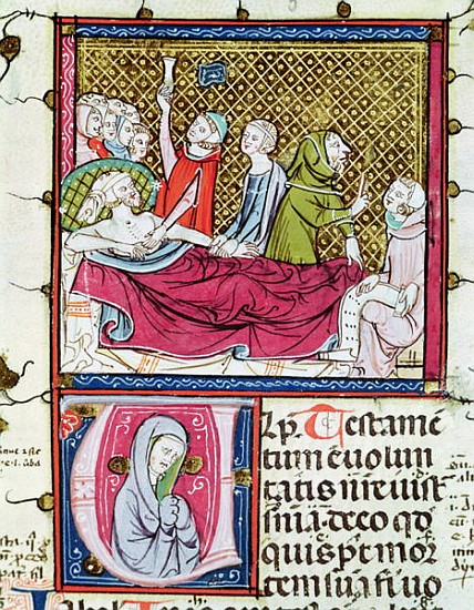 Ms 3076 fol.56r Dying Man Surrounded Doctors and Family, Dictating his Will, from ''Justiniani in Fo von French School