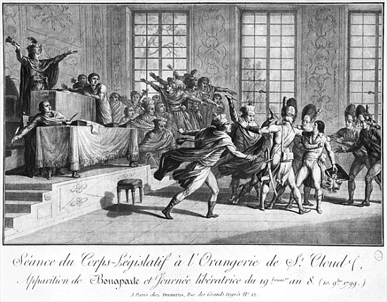 Session of the Legislative body at St.Cloud''s Orangery, arrival of Bonaparte (1769-1821) Protected  von French School