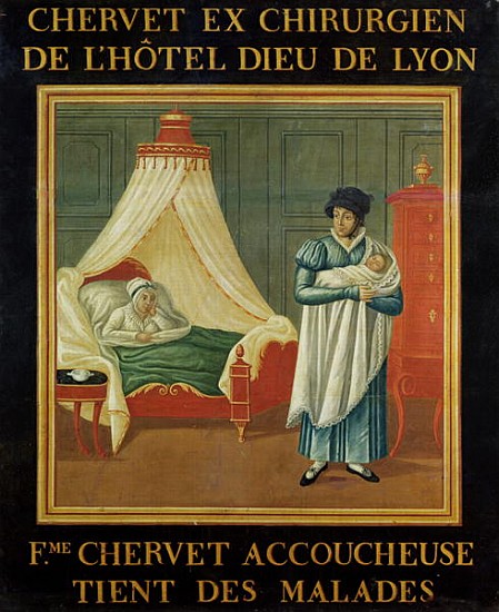 Sign advertising the services of a midwife, early 19th century von French School