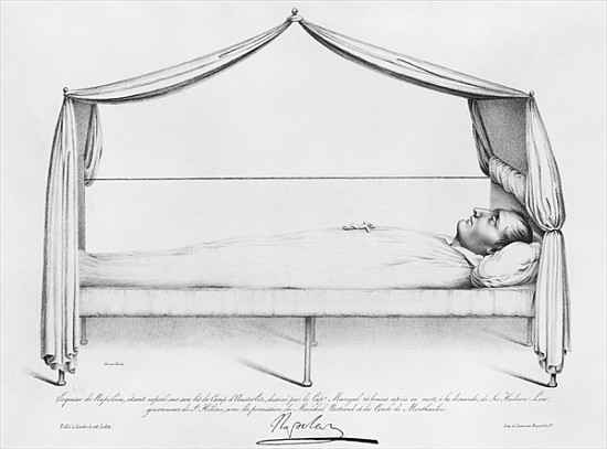 Sketch of Napoleon I (1769-1821) on his deathbed drawn at St. Helena Capitaine Marryal; engraved by  von French School