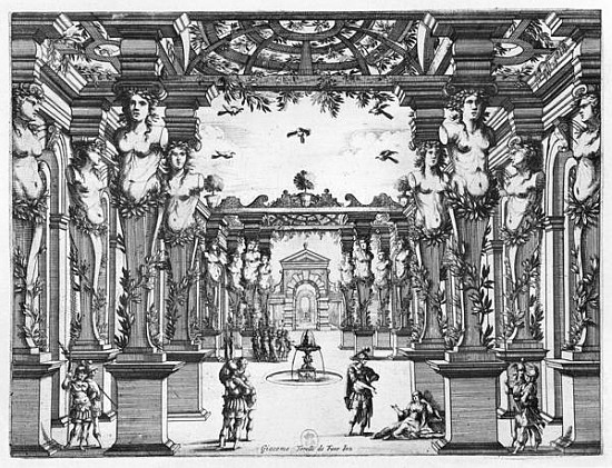 Stage design Giacomo Torelli (1608-78) for ''Mirame'' performed in 1641 at Theatre Petit Bourbon in  von French School