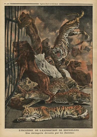 The fire at the Universal Exhibition of Brussels, a menagerie being consumed the flames, illustratio von French School