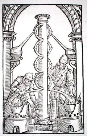 The Alchemist at Work, copy of an illustration from 'Coelum Philosophorum' by Philippus Ulstadius, P published