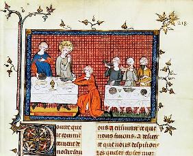 Ms. Fr. 5716 f.213 St. Louis Feeding the Poor, from '' Life and Miracles of St. Louis'', c.1330-40