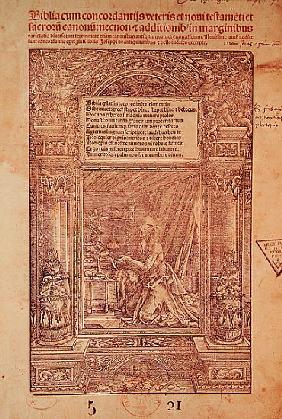 St. Jerome in his Studiolo, title page of a Bible, printed J. Marion, Lyon