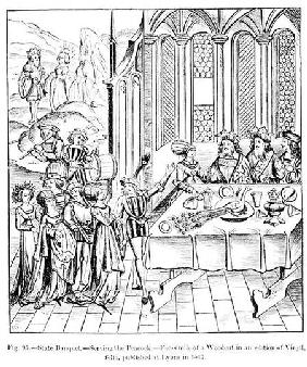State banquet - serving the peacock, after a woodcut in an edition of Virgil, published Lyons 1517