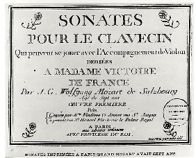 Title Page for ''Sonates pour le clavecin'' dedicated to Madame Victoire de France (1733-99) Mozart 