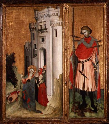Thouzon Altarpiece, right-hand section showing (LtoR) St. Andrew expelling demons from Nice; St. Seb von French School