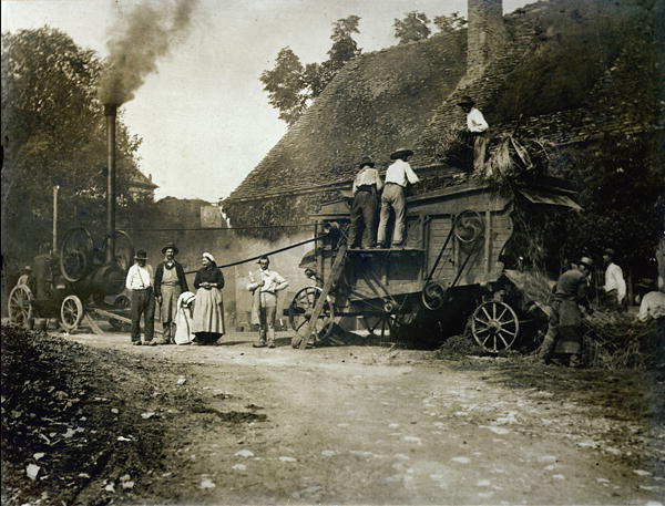 Threshing scene, late 19th century (b/w photo)  von French School