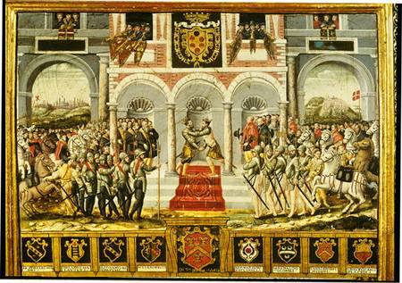 The Treaty of Cateau-Cambresis and the Embrace of Henri II (1519-59) of France and Philip II (1527-9 von French School