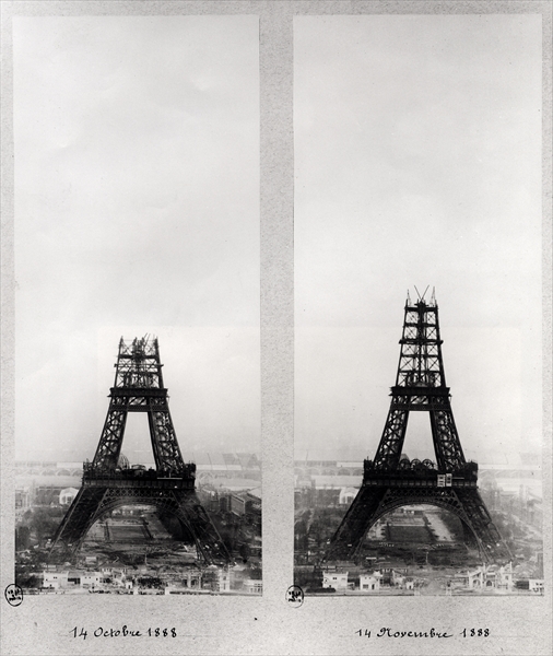Two views of the construction of the Eiffel Tower, Paris, 14th October and 14th November 1888 (b/w p von French School