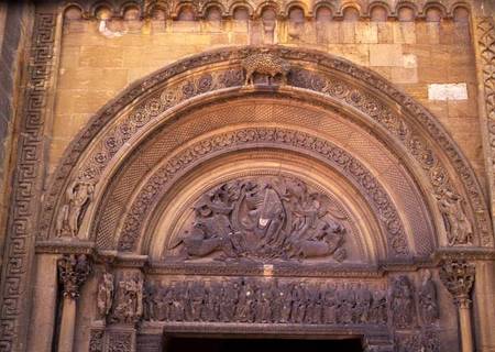 Tympanum of the porch depicting Christ in Majesty with the Symbols of the Evangelists von French School