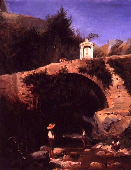 View of a Bridge and River Outside Rome von French School