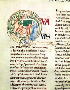 Ms.173 Fol.6 v. Initial 'Q' depicting a monk and an angel, from Moralia in Job by Pope Gregory the G
