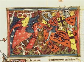 Fr 22495 f.43 Battle between Crusaders and Moslems, from Le Roman de Godefroi de Bouillon (vellum) 1897