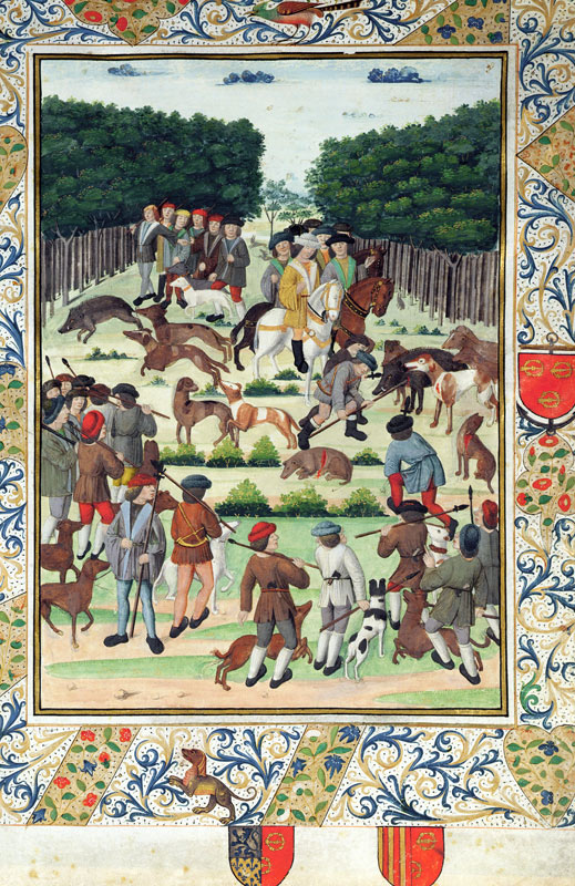 Louis Malet (1441-1516) Seigneur de Graville, hunting wild boar, from the 'Terrier de Marcoussis', 1 von French School, (15th century)