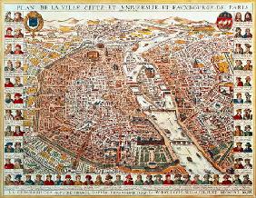 Plan of Paris, bordered by a chronological series of portraits of the kings of France from Pharamond 19th
