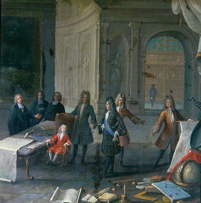 Louis XIV attending a lesson of his great grandson, the future Louis XV, c.1715 (oil on canvas) von French School, (18th century)