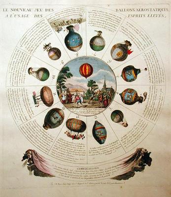The Ballooning Game, with illustrations of different hot air balloons, c.1784 (coloured engraving) von French School, (18th century)