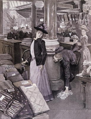 A Thief in a Department Store in Paris, illustration from 'Paradis des Dames', c.1895 (litho) von French School, (19th century)