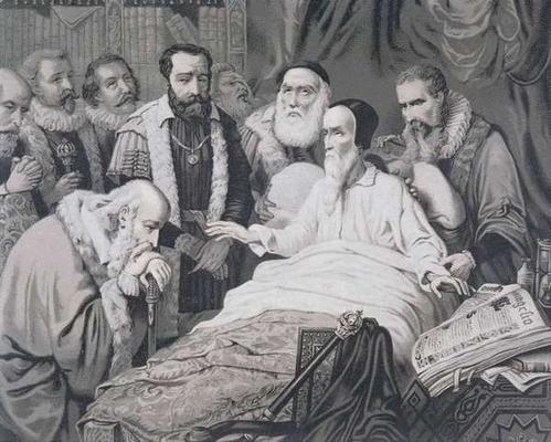 John Calvin (1509-1564) on his Death Bed (engraving) von French School, (19th century)