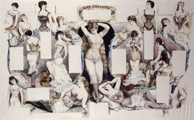 Layout illustrations for an article on women's underwear, from 'La Vie Parisienne', c.1870 (coloured von French School, (19th century)