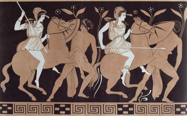 Men in combat with Amazons mounted on horseback, after an antique Greek vase (colour litho) von French School, (19th century)